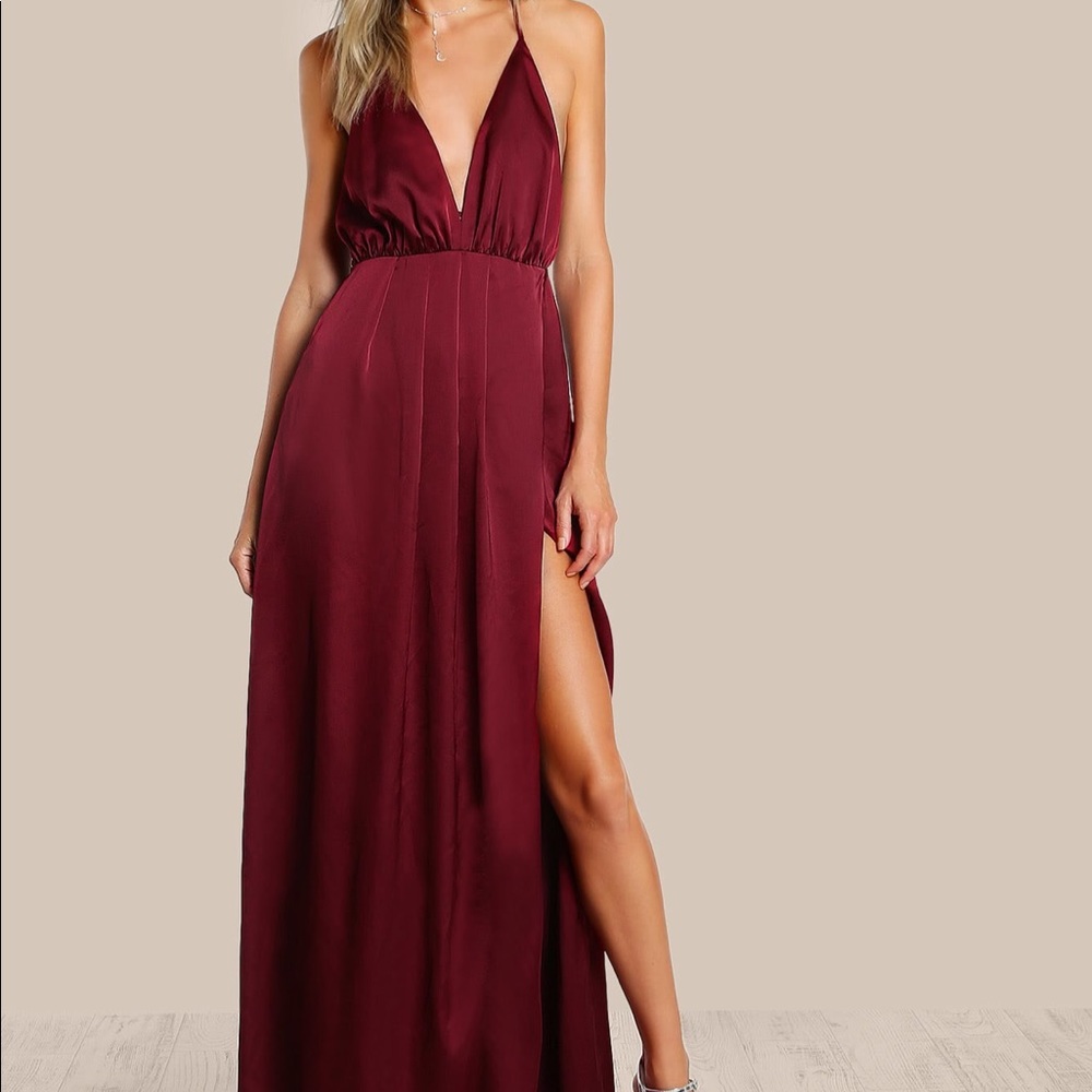 Crisscross backless high slit satin dress